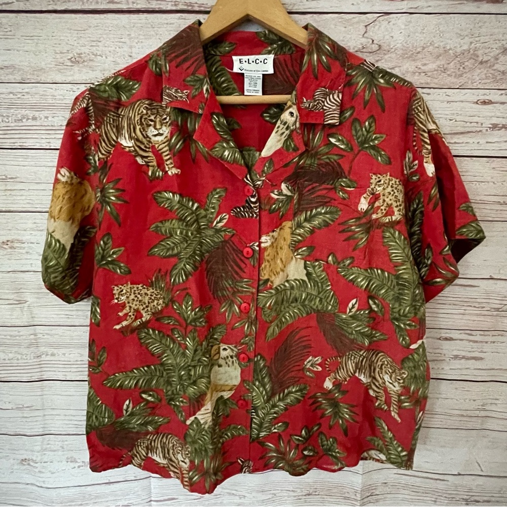 Vtg ELCC Linen Silk Blend Short Sleeve Button Up Shirt Red Tropical Jungle Sz L